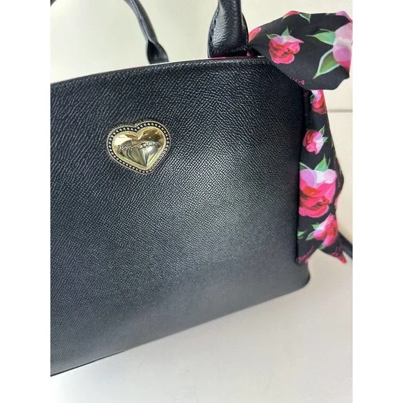 Betsey Johnson Gigi Triple Compartment Satchel W/ Scarf Black Purse Shoulder Bag - Picture 7 of 13